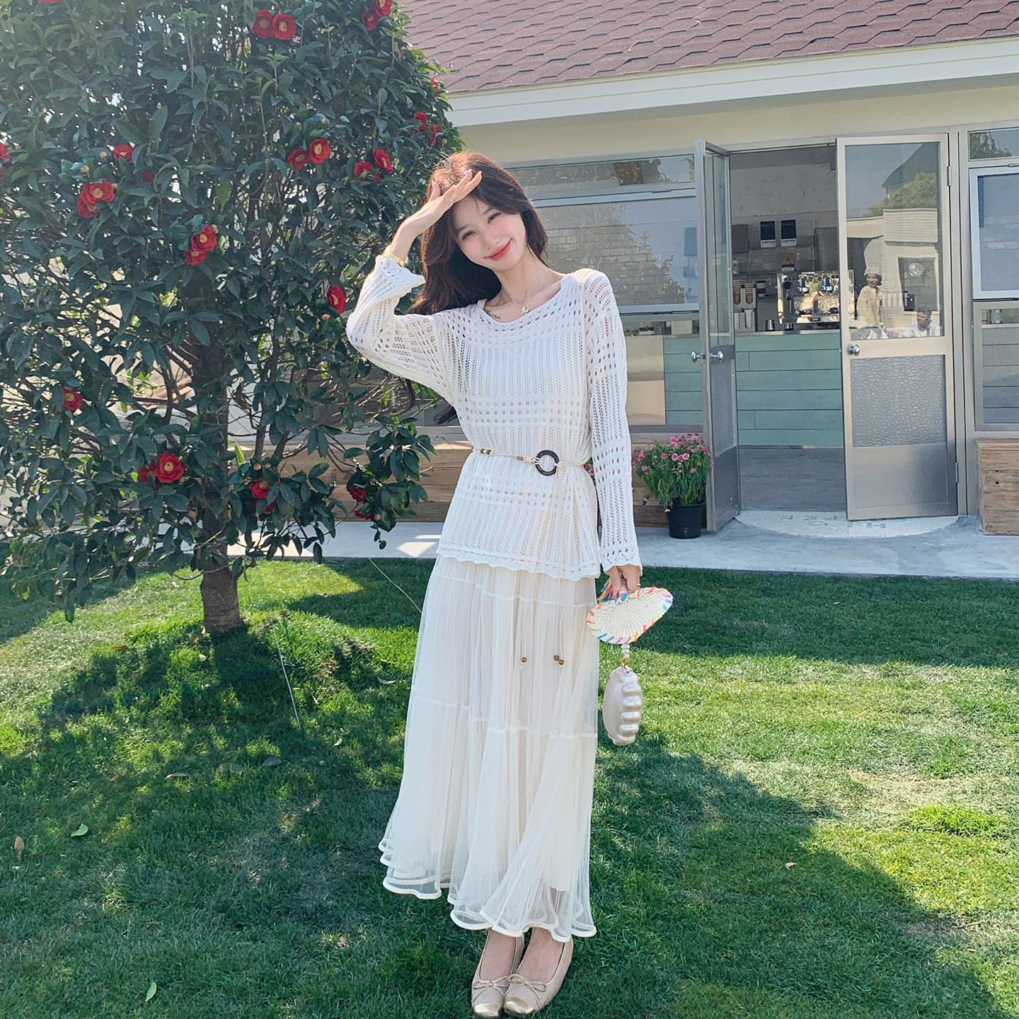 肌理感白色镂空针织衫套装女春季2026新款轻熟风网纱半身裙两件套