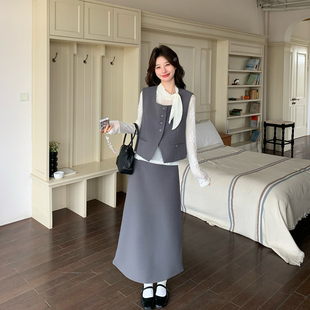 小众不撞款套装女春季2026新款ootd穿搭西装马甲衬衫半身裙三件套