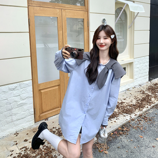 小个子蓝色海军领拼接衬衫连衣裙女春季2026新款中长款巨好看裙子