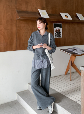 氛围感休闲运动灰色套装女春季2026新款卫衣条纹屁帘阔腿裤两件套