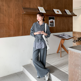 氛围感休闲运动灰色套装女春季2026新款卫衣条纹屁帘阔腿裤两件套