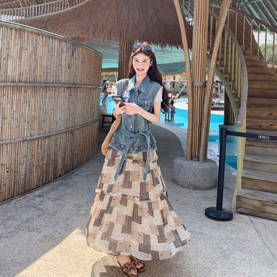 复古牛仔马甲印花半身裙套装女夏