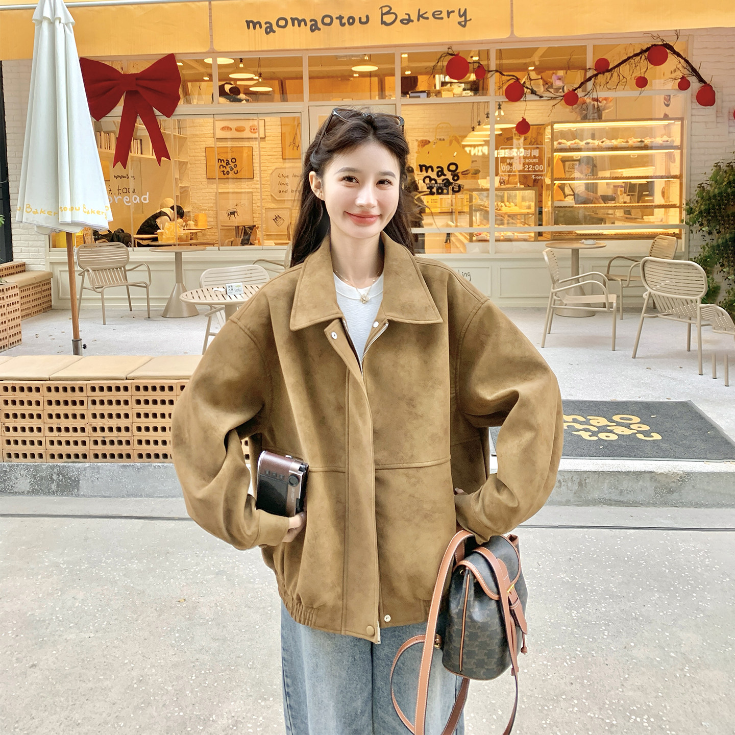 美拉德休闲翻领咖色短外套女春季2026新款小个子复古高级感短夹克