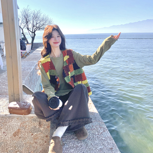 设计感复古格子马甲叠穿打底阔腿裤套装女春季ootd穿搭超火三件套