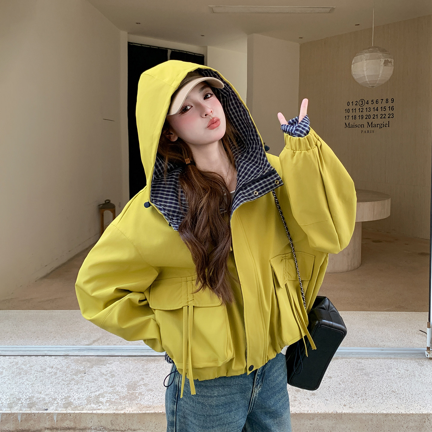 格子拼接黄绿色短款外套女春季2026新款小个子休闲复古冲锋衣夹克