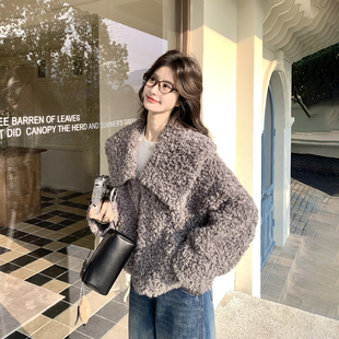 韩系百搭灰色皮毛一体羊羔毛外套女冬季2026新款小个子短款巨好看