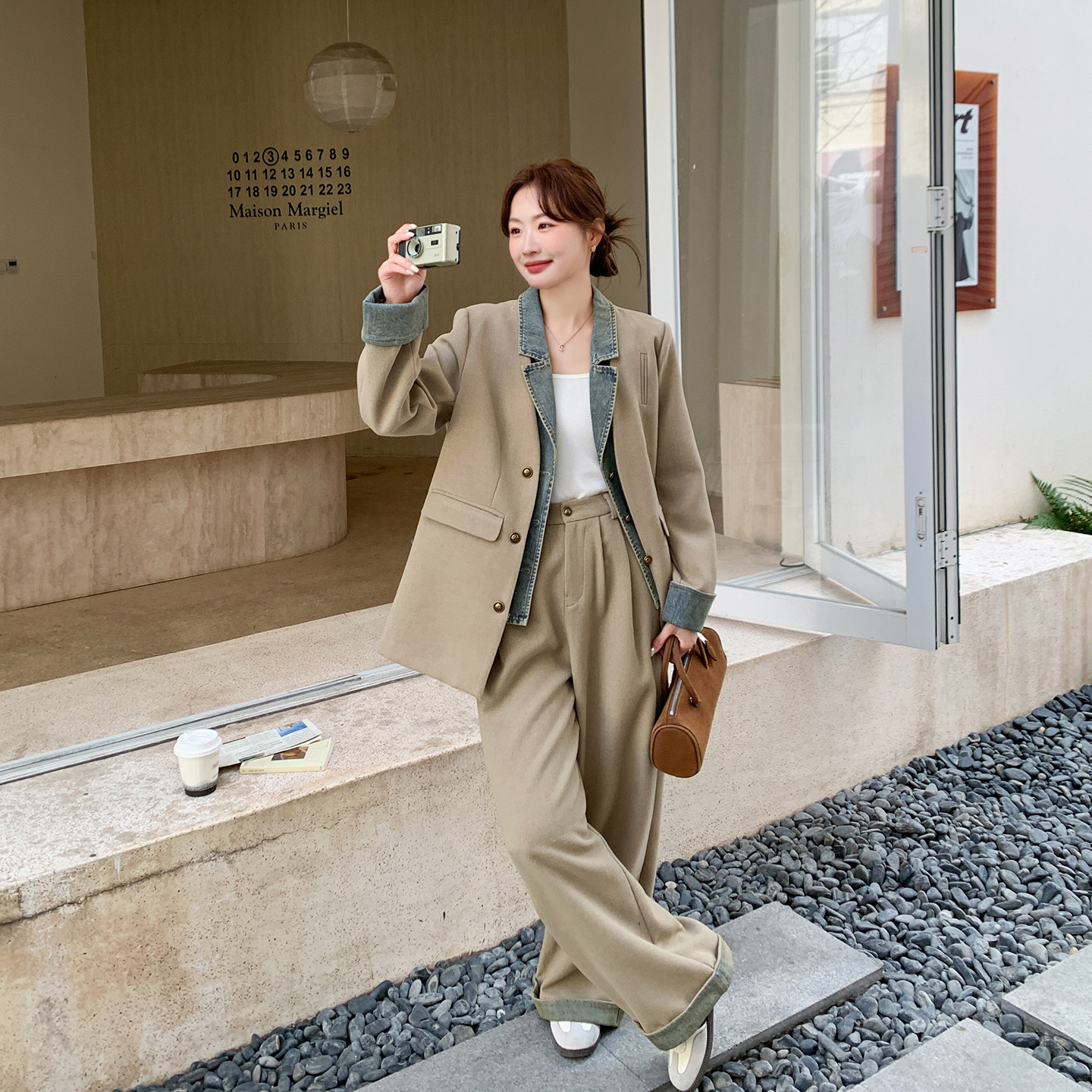 高级感牛仔拼接卡其色西装套装女春季2026新款巨好看阔腿裤两件套