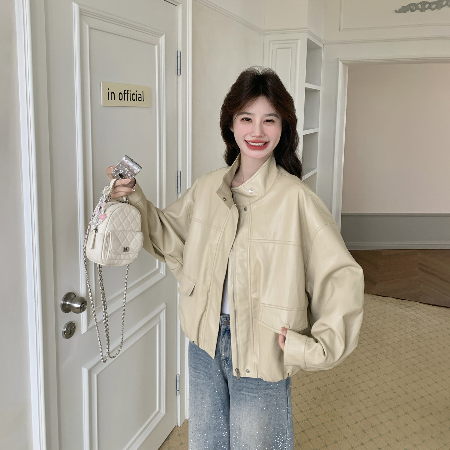 高端大气黄色立领皮衣外套女春季