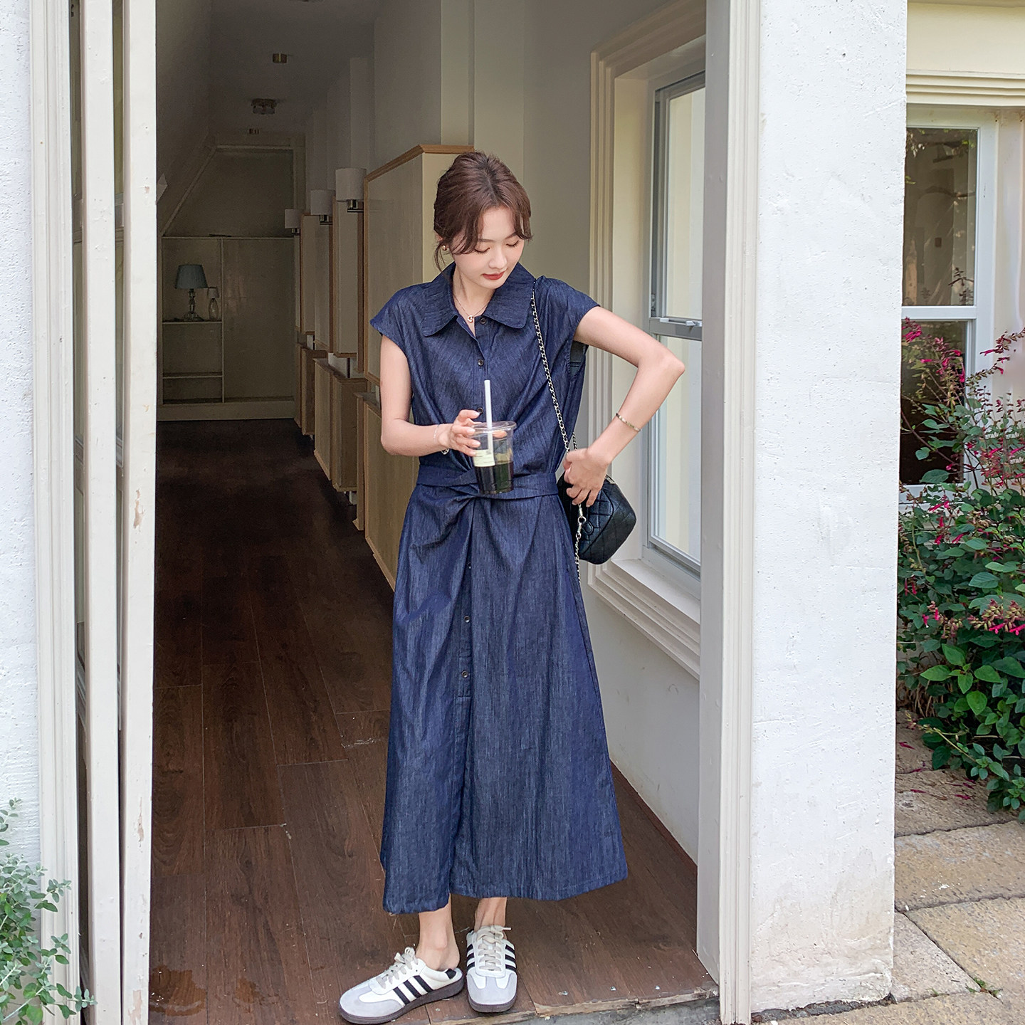 深蓝色牛仔衬衫连衣裙女夏季新款