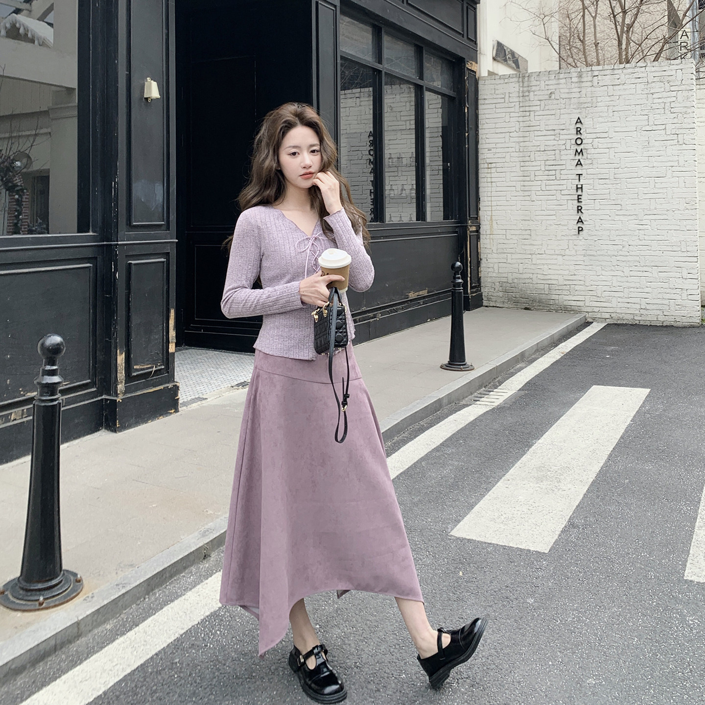 独特漂亮绝美紫色针织套装女春季2026新款温柔风上衣半身裙两件套