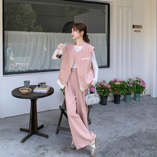 撞色拼接粉色马甲套装女春季2026新款巨好看韩系chic阔腿裤两件套
