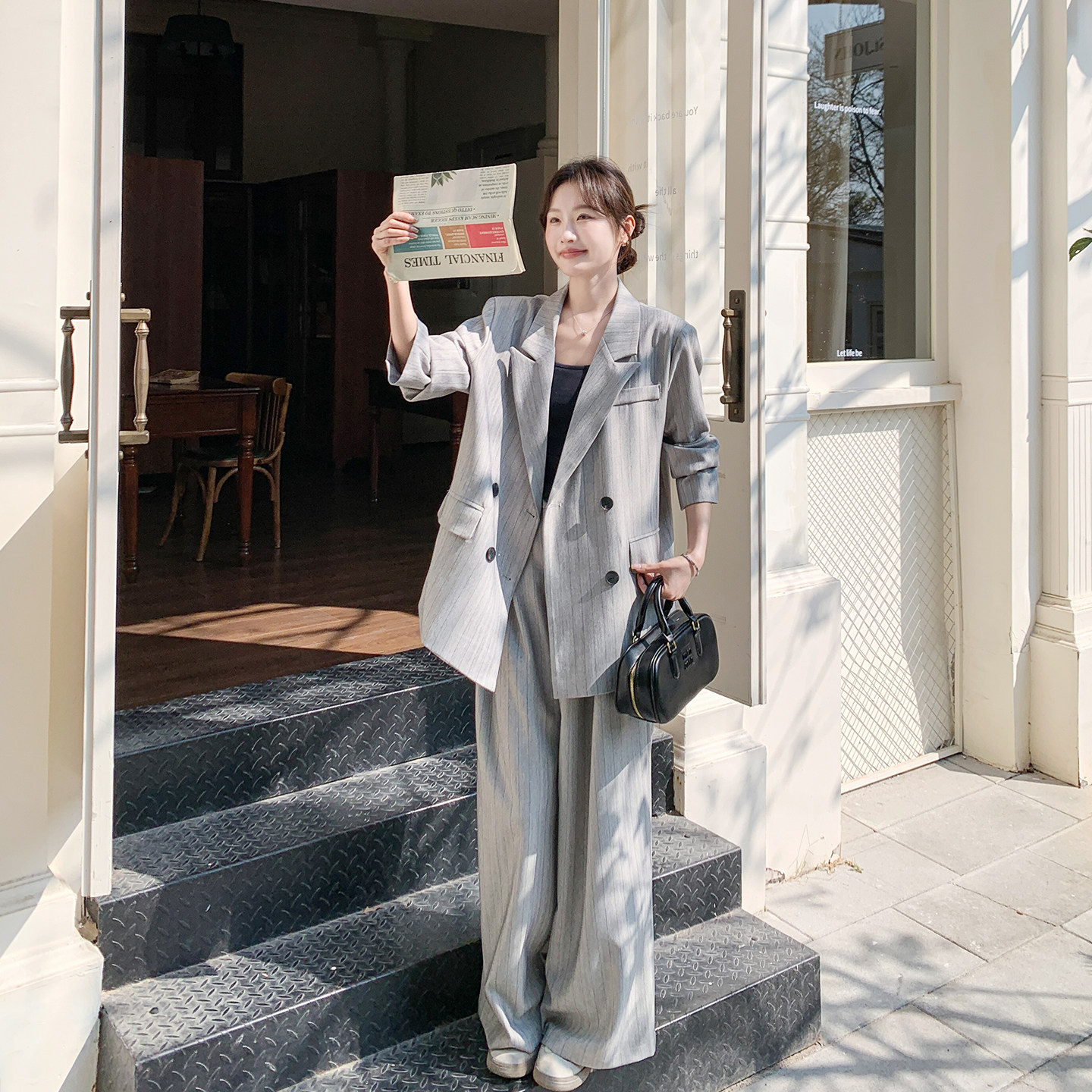 超火穿搭一整套浅灰色条纹西装套装裤女春季2026新款巨好看两件套,女装/女士精品,时尚套装,淘宝优惠券,粉丝福利购,淘宝优惠卷