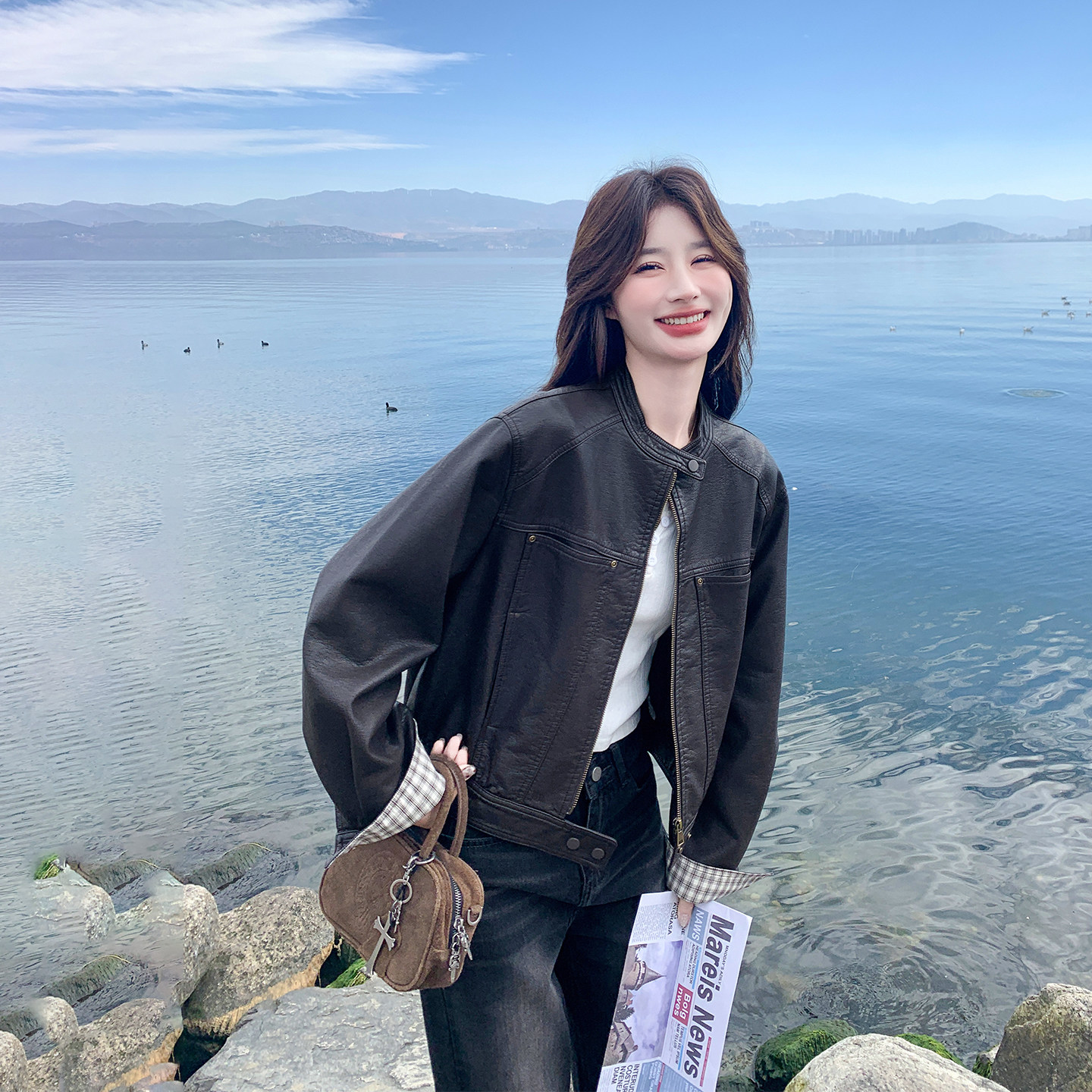 美式复古棕色格子拼接皮衣外套女春季2026新款机车服小个子PU夹克