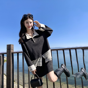 蕾丝拼接深灰色卫衣短裙套装女春季2026新款小个子ootd穿搭两件套