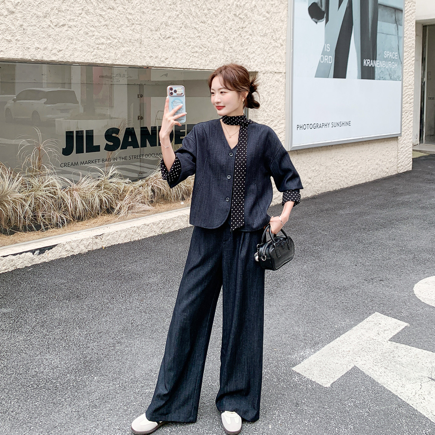 复古波点拼接V领西装阔腿裤套装女春季2026新款两件套ootd巨好看