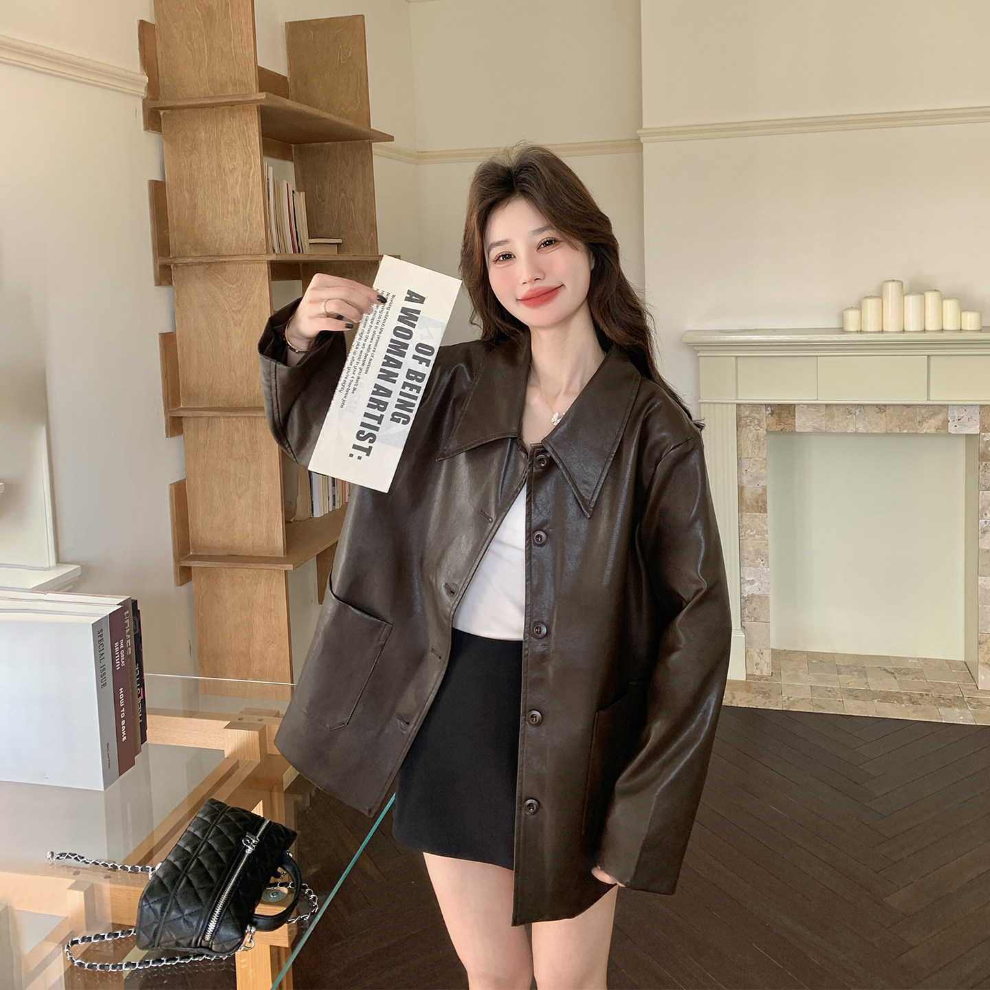 美拉德咖色翻领皮衣外套女春2026