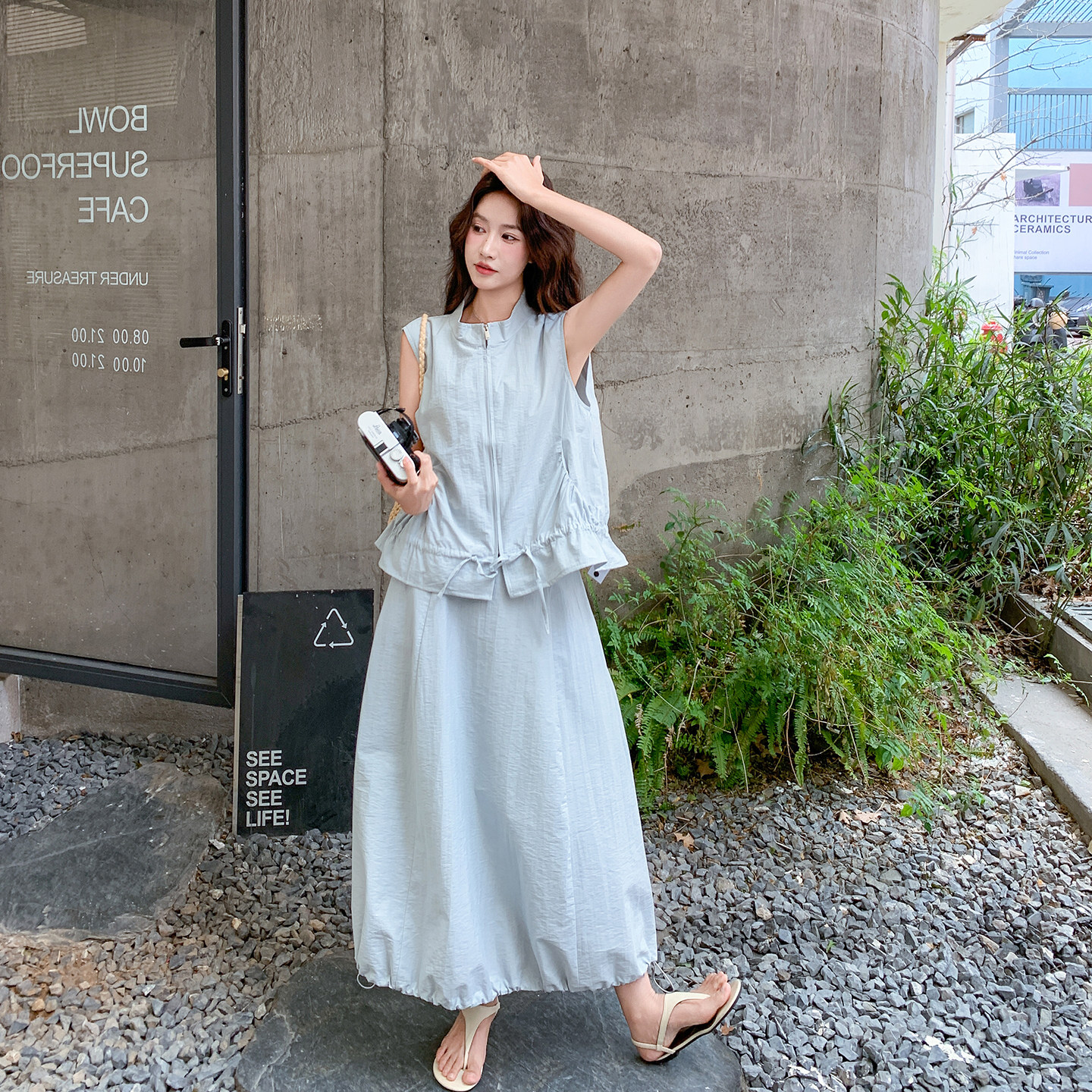 气质浪漫蓝色无袖马甲套装女夏季