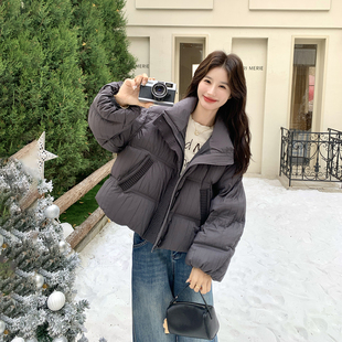 灰色针织拼接立领90羽绒服女冬季2025新款短款小个子休闲百搭外套