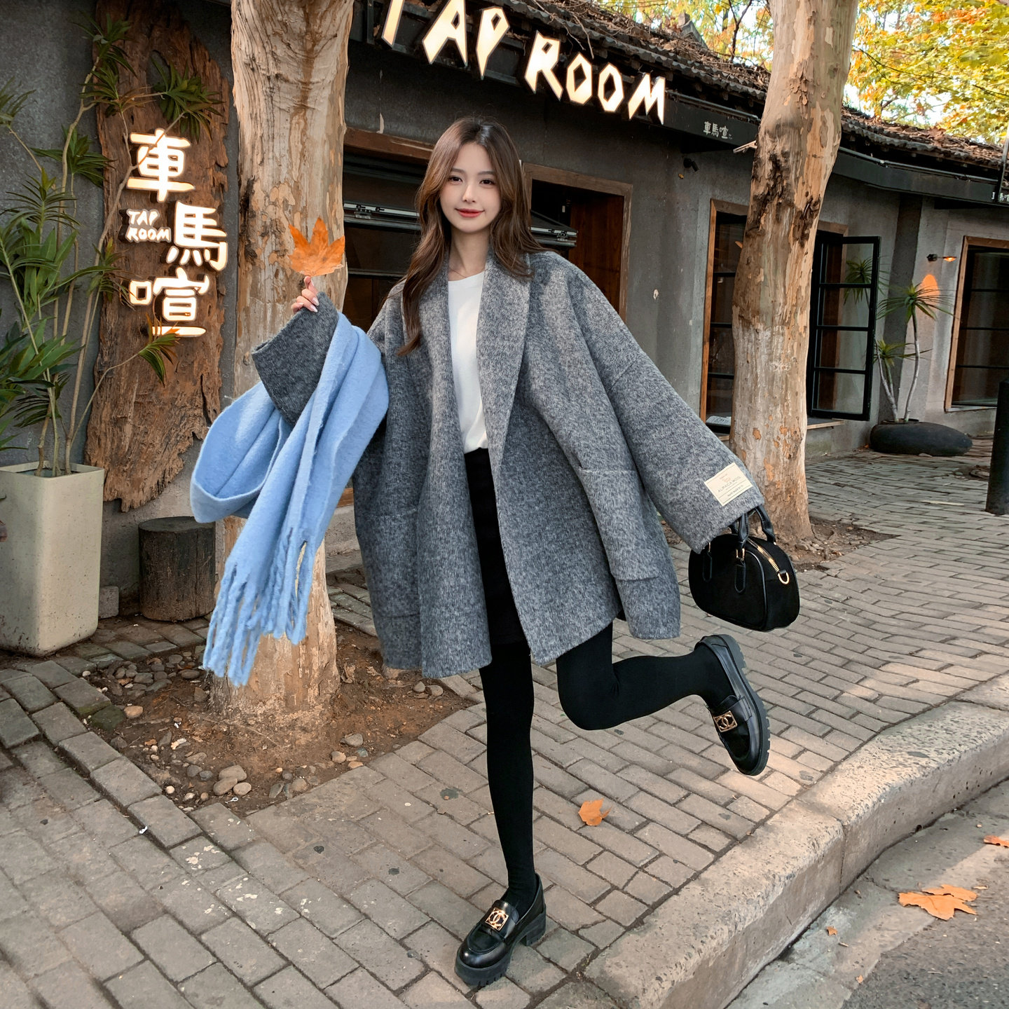 灰色韩系宽松超好看双面呢羊毛大衣女冬季2025新款中长款毛呢外套