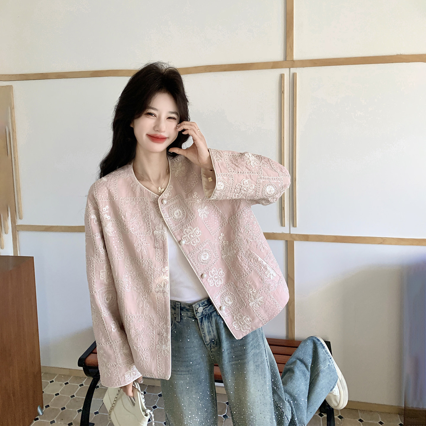 新中式国风复古刺绣粉色短款外套女春季2026新款小个子巨好看夹克