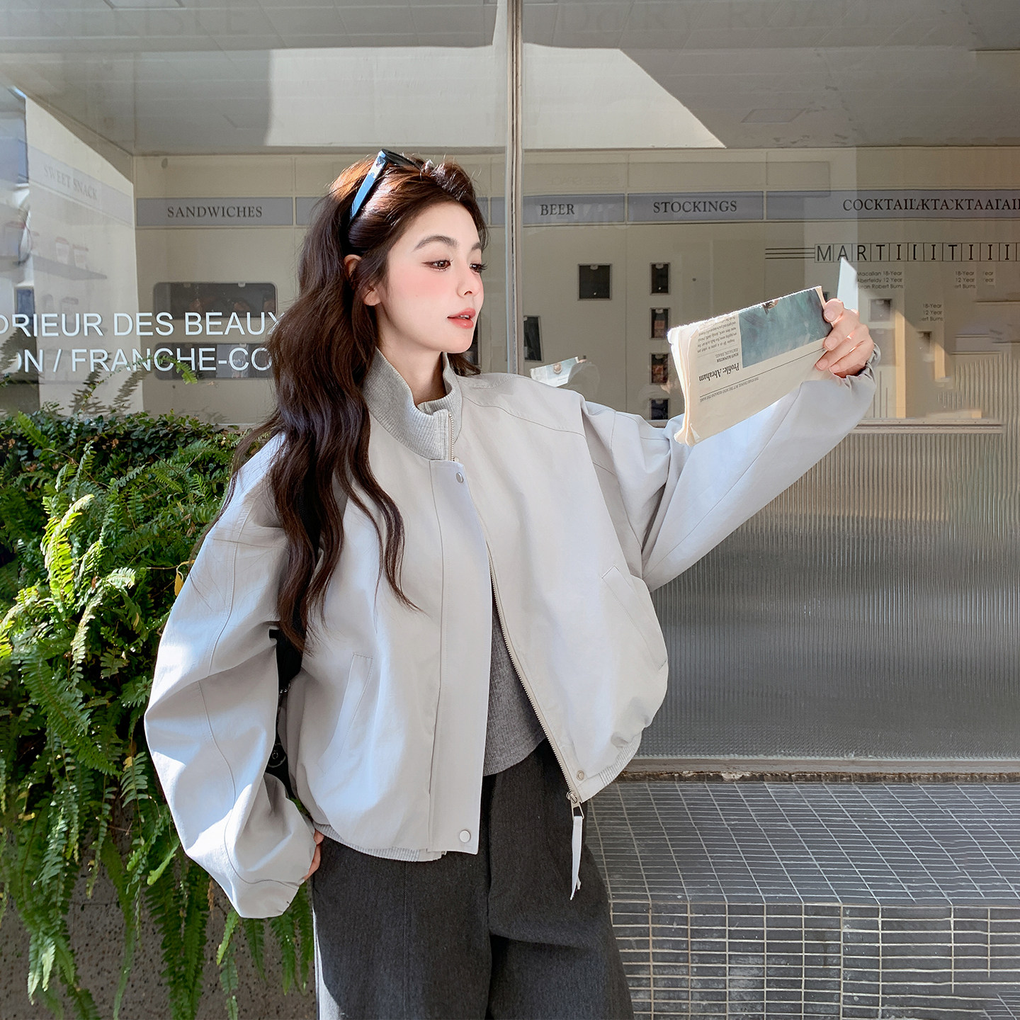 休闲立领冰川灰短款外套女春季2026新款小个子百搭设计感超火夹克