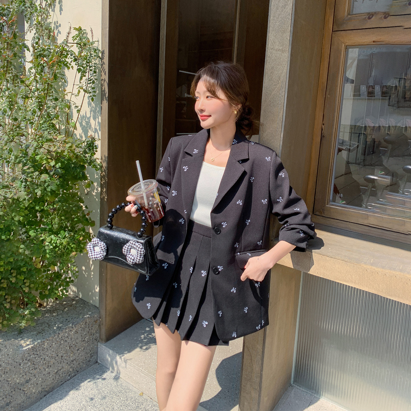 超火ootd黑色刺绣西装外套百褶裙套装女春季2026新款小个子两件套
