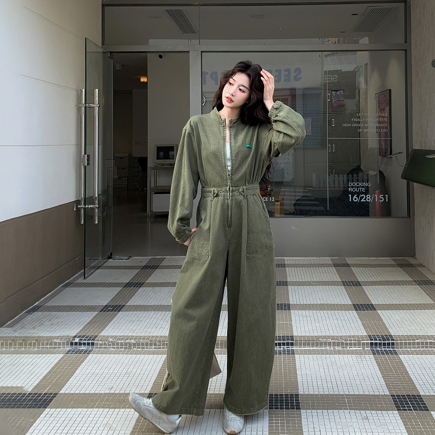 爆款超火半拉链绿色工装连体裤女