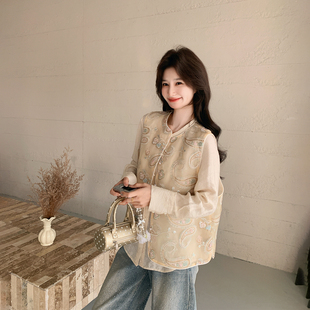 气质典雅新中式国风刺绣马甲衬衫套装女春季2026新款两件套小个子