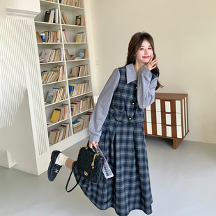 俏皮减龄假两件格纹拼接连衣裙女春季2026新款学院风流行爆款长裙