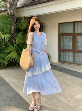 法式度假风蓝色蕾丝边连衣裙女夏季2026新款假两件绝美巨好看长裙