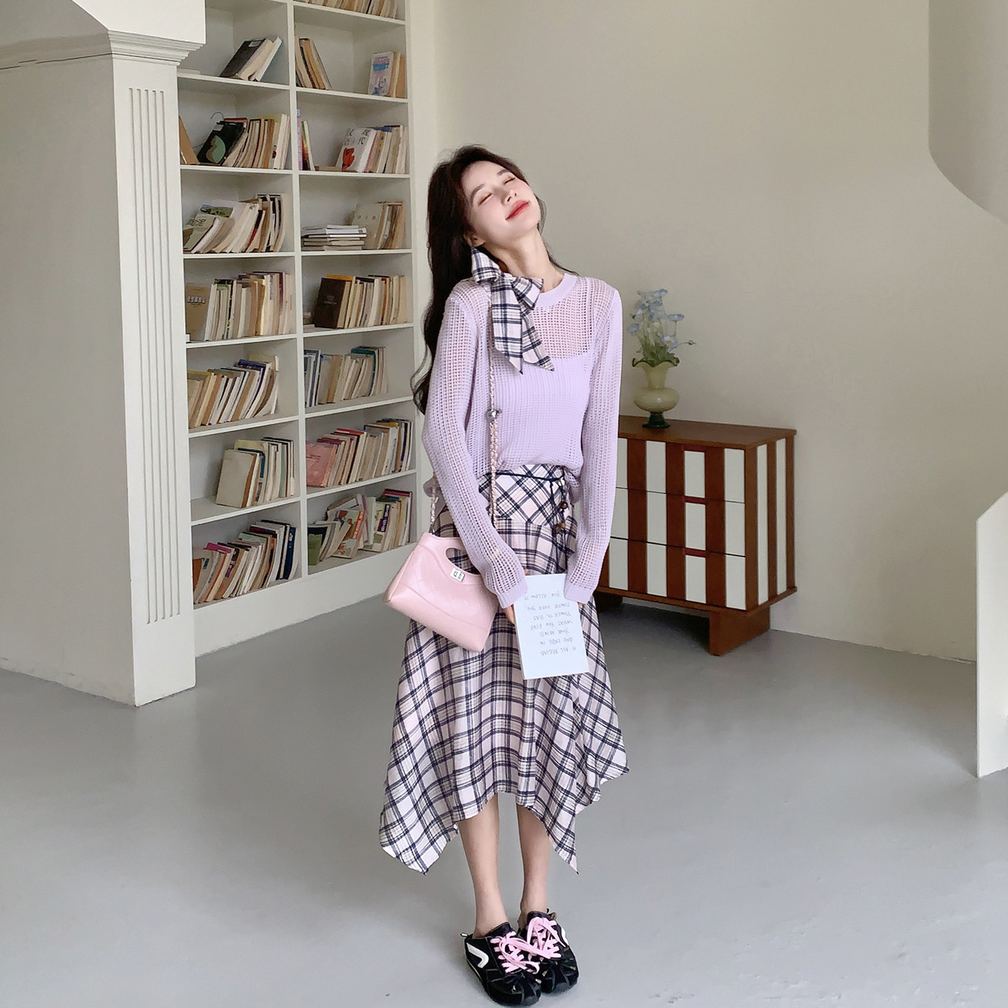 蝴蝶结紫色针织衫套装女春季2026