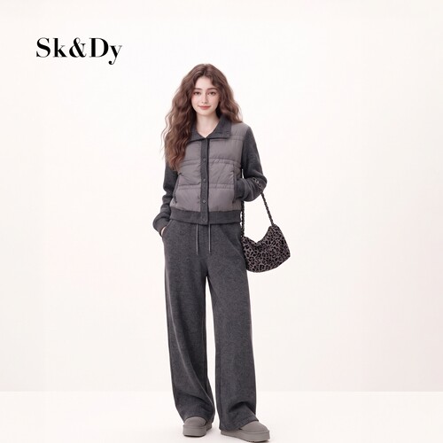 深灰色针织拼接羽绒服套装女秋冬