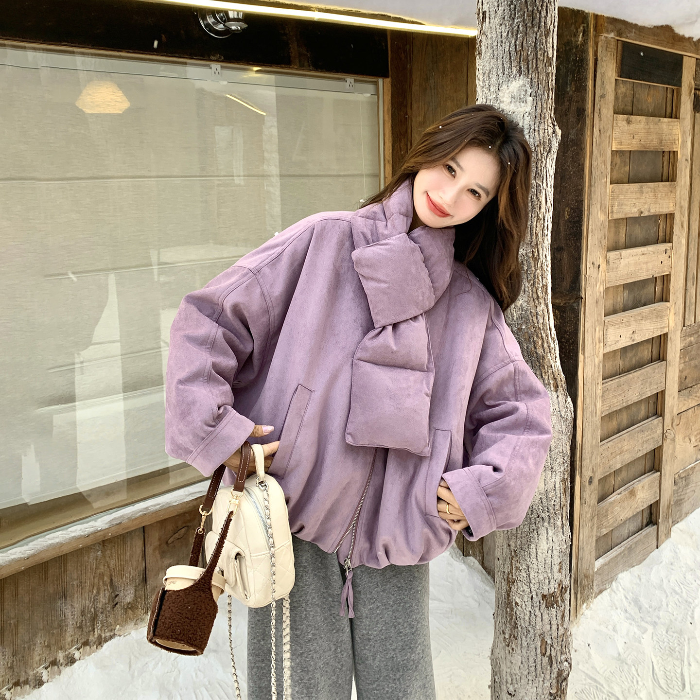 甜美漂亮紫色90羽绒服外套女冬季2025新款短款小个子巨好看送围脖