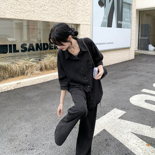 松弛感复古韩式搭配套装女春季2026新款黑色牛仔衬衫阔腿裤两件套