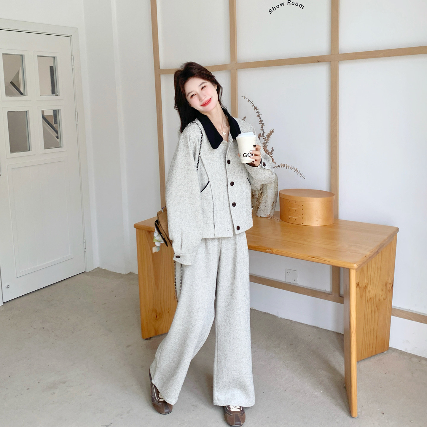 复古超火一整套ootd穿搭减龄套装女春季2026新款外套阔腿裤两件套