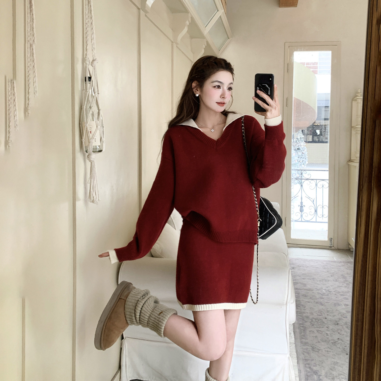 撞色拼接红色针织衫短裙套装女春秋2026新款小个子独特漂亮两件套
