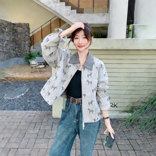 复古小马印花短款灰色外套女春季2026新款小个子超火工装减龄夹克