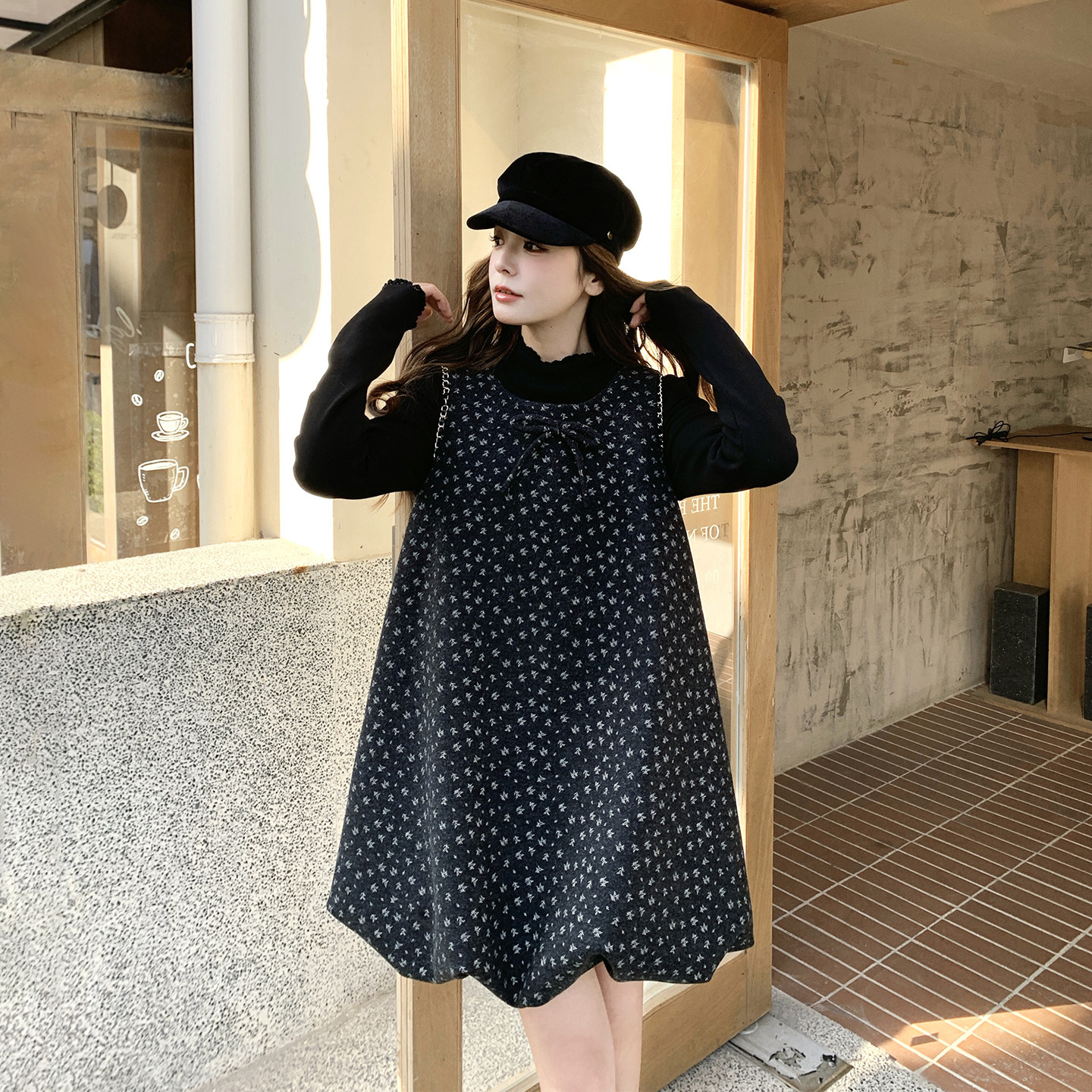 黑色碎花甜美花苞背心连衣裙女春季2026新款小个子法式漂亮两件套