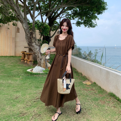 优雅气质咖色收腰显瘦连衣裙女夏