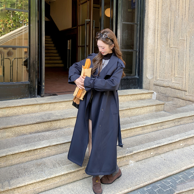 藏青色长款风衣式羽绒服女冬2025