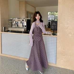 韩系巨好看粉紫色波点吊带半身裙套装女春季2026新款打底衫三件套