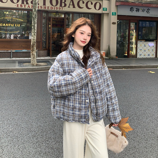 时髦感格子拼接立领羽绒服女冬季2025年新款韩系chic90白鸭绒外套