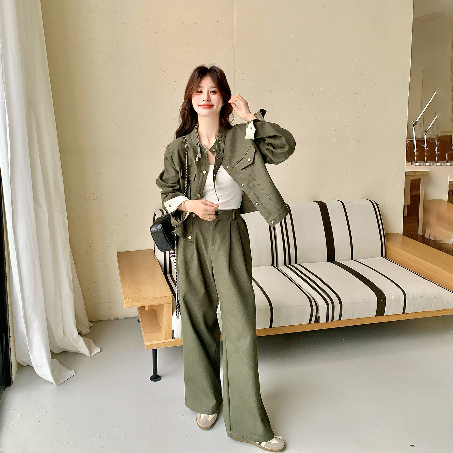 韩系一整套ootd穿搭减龄套装女春季2026新款超火外套阔腿裤两件套