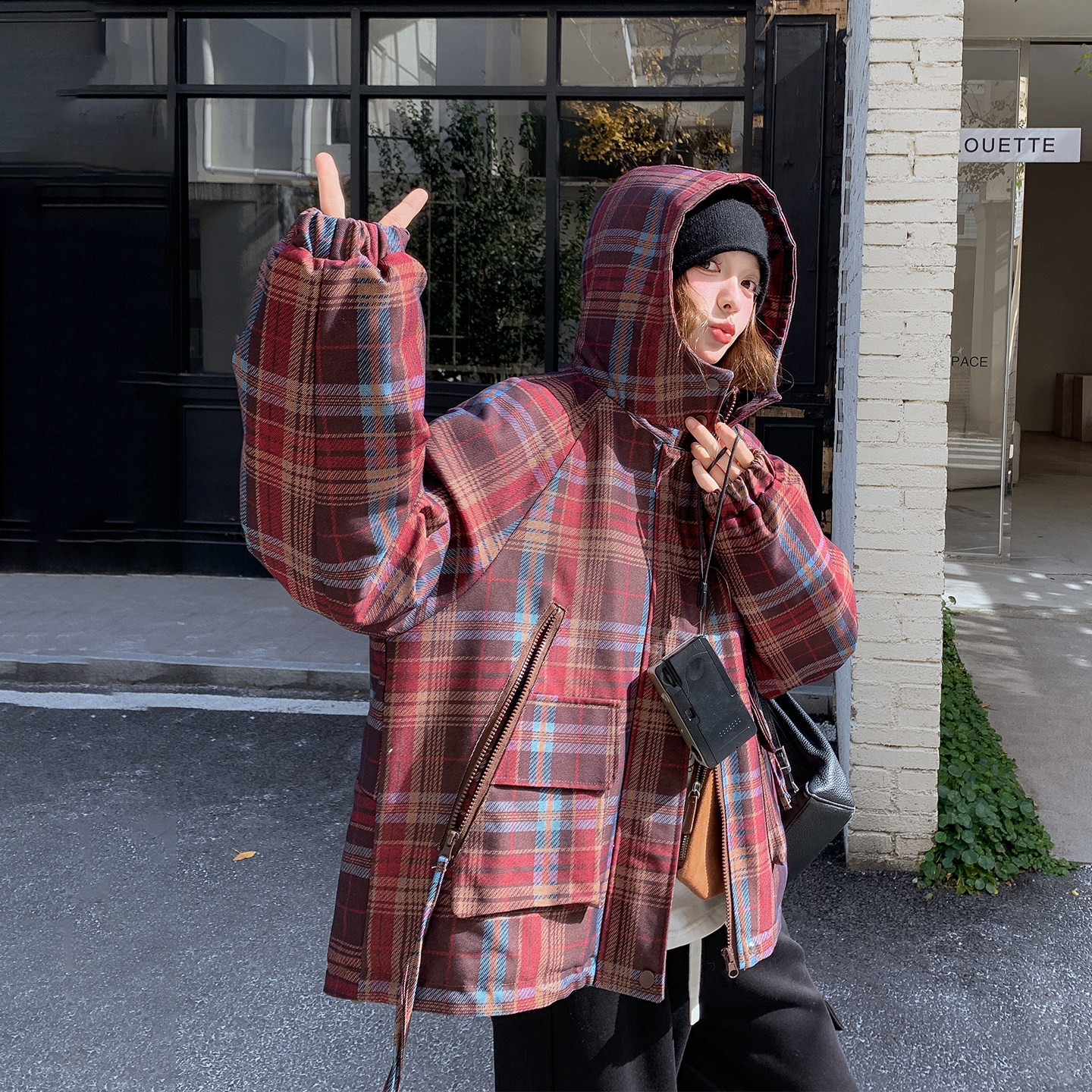 百搭复古红色格纹连帽棉衣棉服女