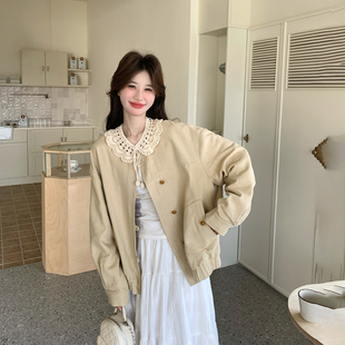 卡其色镂空针织领短款外套女春季2026新款小个子巨好看的休闲夹克