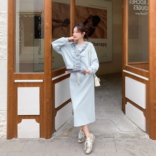 学院风浅蓝色针织披肩卫衣半身裙套装女春季2026新款运动风三件套