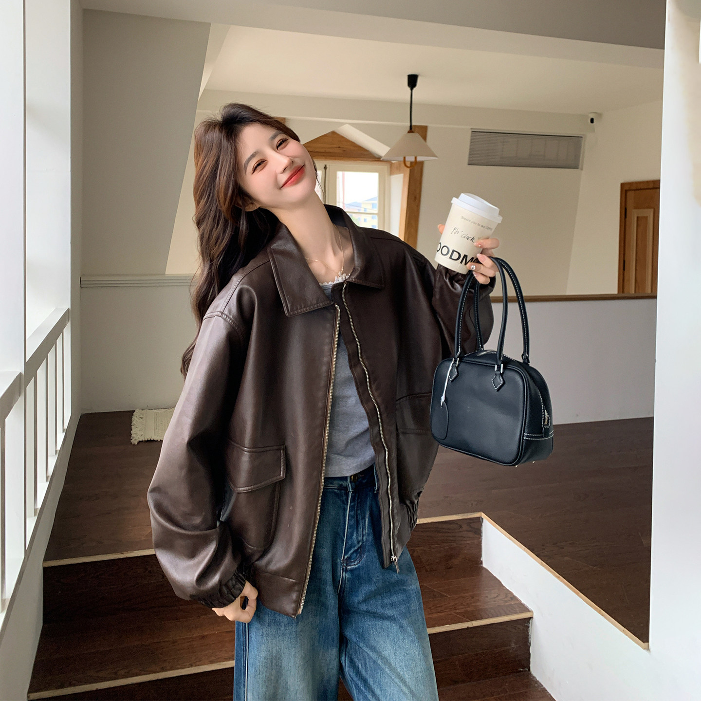 又酷又飒翻领咖色皮衣外套女春季2026新款小个子爆款高级感PU夹克
