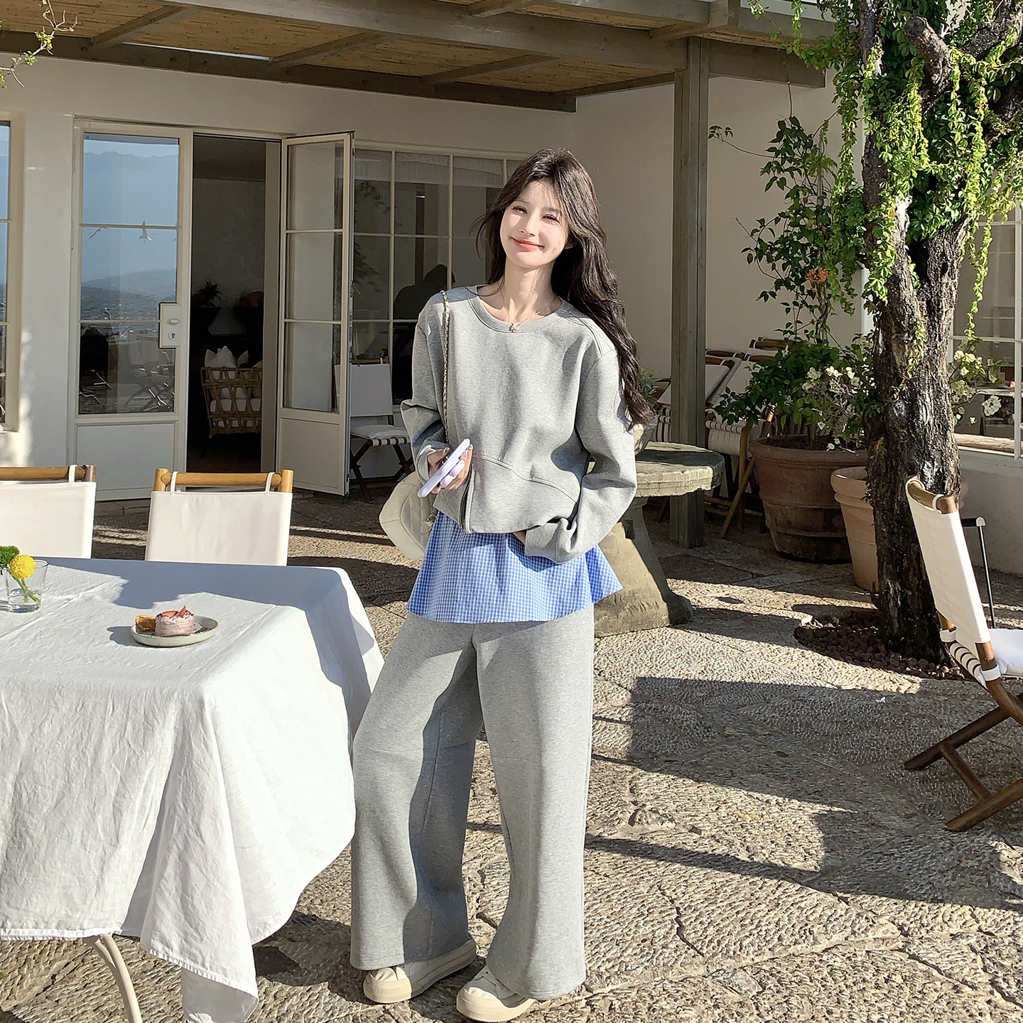 慵懒风休闲少女灰色卫衣套装女春