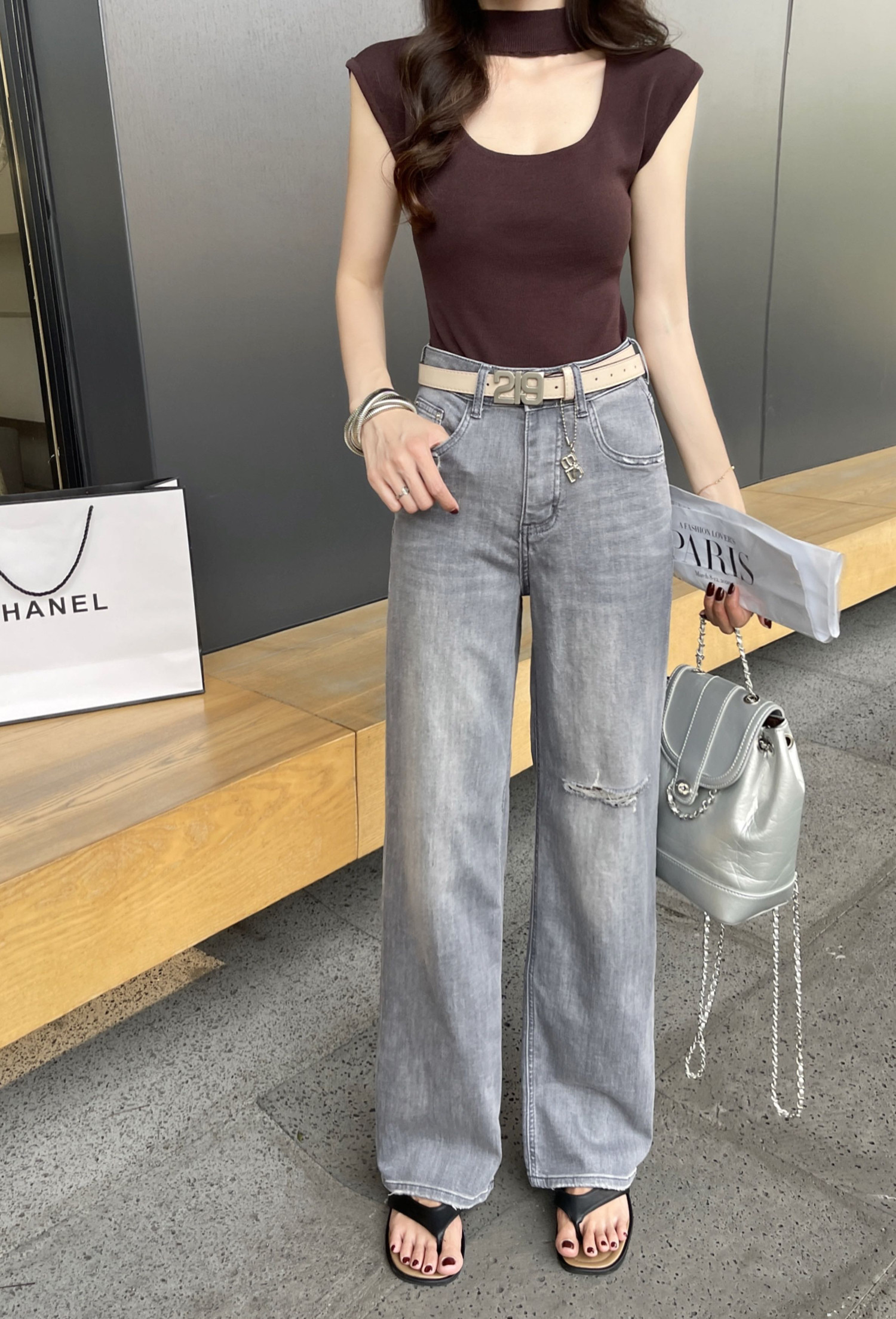MINI JEANS夏季薄款17282牛仔裤女烟灰色土耳其面料大直筒裤