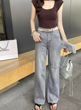 MINI JEANS夏季薄款17282牛仔裤女烟灰色土耳其面料大直筒裤